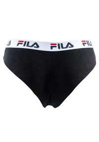 Slip di cotone nero con vita elastica bianca che presenta il logo FILA in nero e rosso. Il design ha una forma classica da slip.