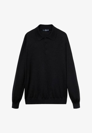 Schwarzes Langarm-Polohemd aus weichem Stoff, mit klassischem Kragen, drei Knöpfen und gerippten Bündchen und Saum.