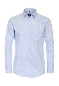 Lichtblauw gestreept shirt met lange mouwen, voorzien van een gespreid kraag, knoopsluiting aan de voorkant en scherpe manchetten, gemaakt van een gladde stof.