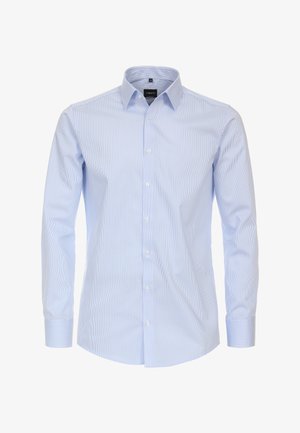 Lichtblauw gestreept shirt met lange mouwen, voorzien van een gespreid kraag, knoopsluiting aan de voorkant en scherpe manchetten, gemaakt van een gladde stof.