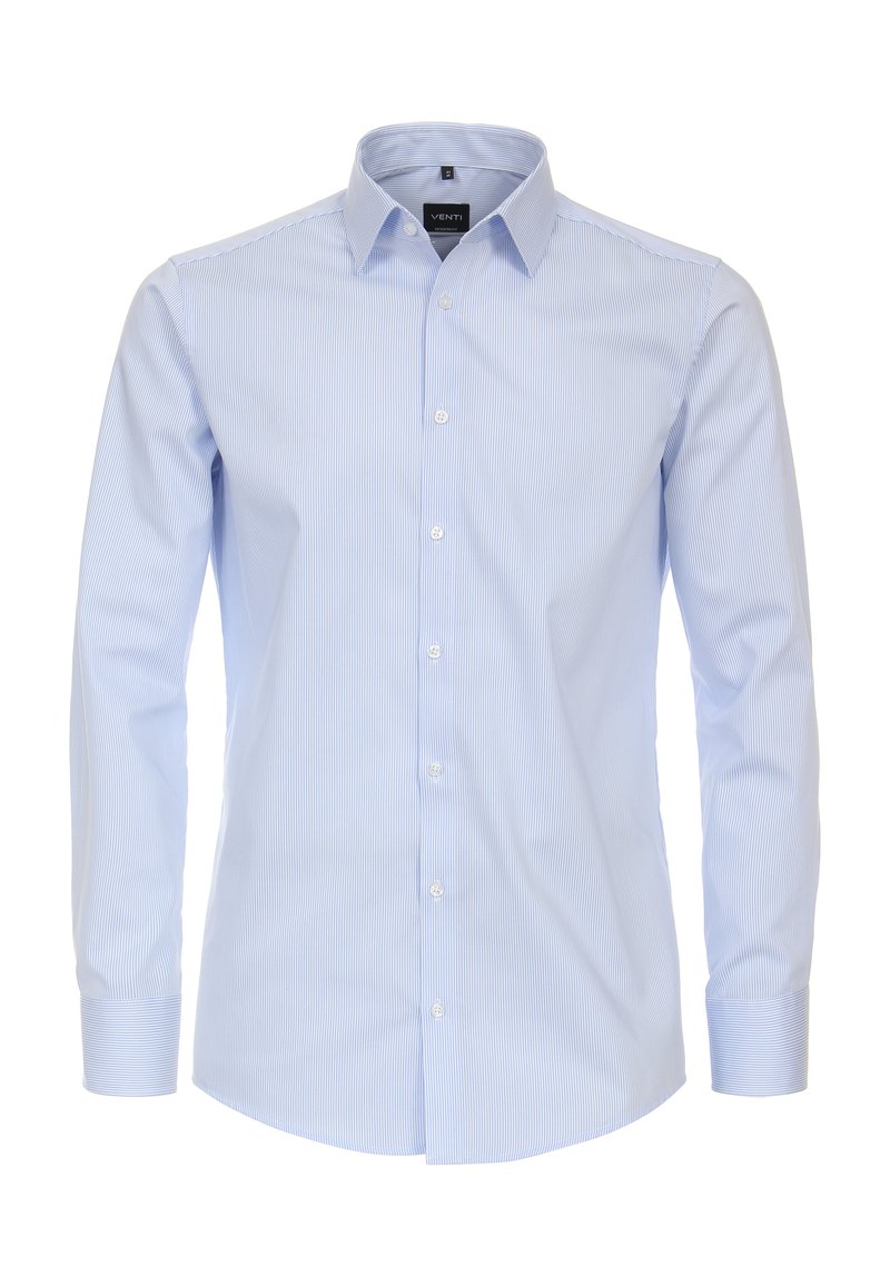 Lichtblauw gestreept shirt met lange mouwen, voorzien van een gespreid kraag, knoopsluiting aan de voorkant en scherpe manchetten, gemaakt van een gladde stof.