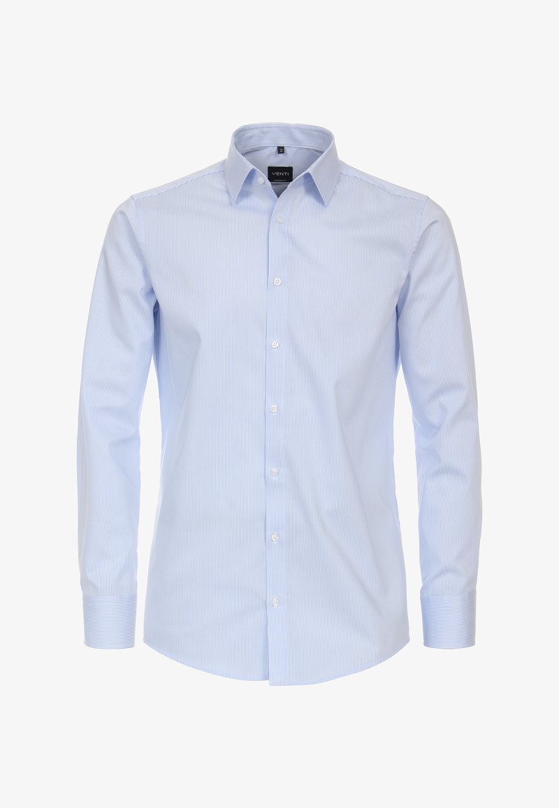 Lichtblauw gestreept shirt met lange mouwen, voorzien van een gespreid kraag, knoopsluiting aan de voorkant en scherpe manchetten, gemaakt van een gladde stof.