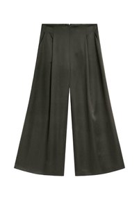 Spodnie o szerokich nogawkach w ciemnozielonym materiale, z wysokim stanem, przednimi plisami i ukrytym zapięciem z tyłu. Gładka faktura bez widocznych wzorów.