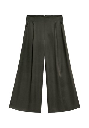 Spodnie o szerokich nogawkach w ciemnozielonym materiale, z wysokim stanem, przednimi plisami i ukrytym zapięciem z tyłu. Gładka faktura bez widocznych wzorów.