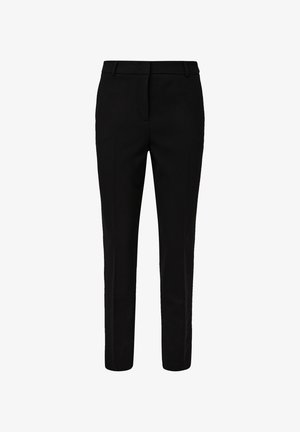 Black tailored trousers with a slim fit, featuring a flat front, belt loops, and side pockets, made from smooth, woven fabric.