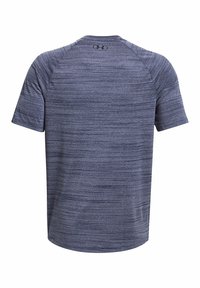 Kurzärmliges Sport-T-Shirt aus einem melierten dunkelblauen Stoff. Hat einen runden Ausschnitt und ein dezentes strukturiertes Muster. Under Armour-Logo auf dem Rücken.