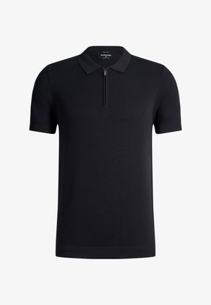 Black short-sleeve polo shirt with a zippered collar, slim fit, and ribbed cuffs, displayed on a plain white background.