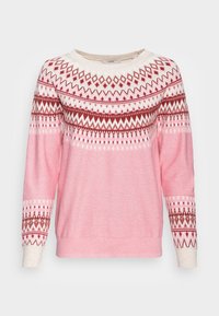 Rosa tröja med ett fair isle-mönster i vitt och vinrött, med en rund halsringning och långa ärmar med texturerade manschetter.