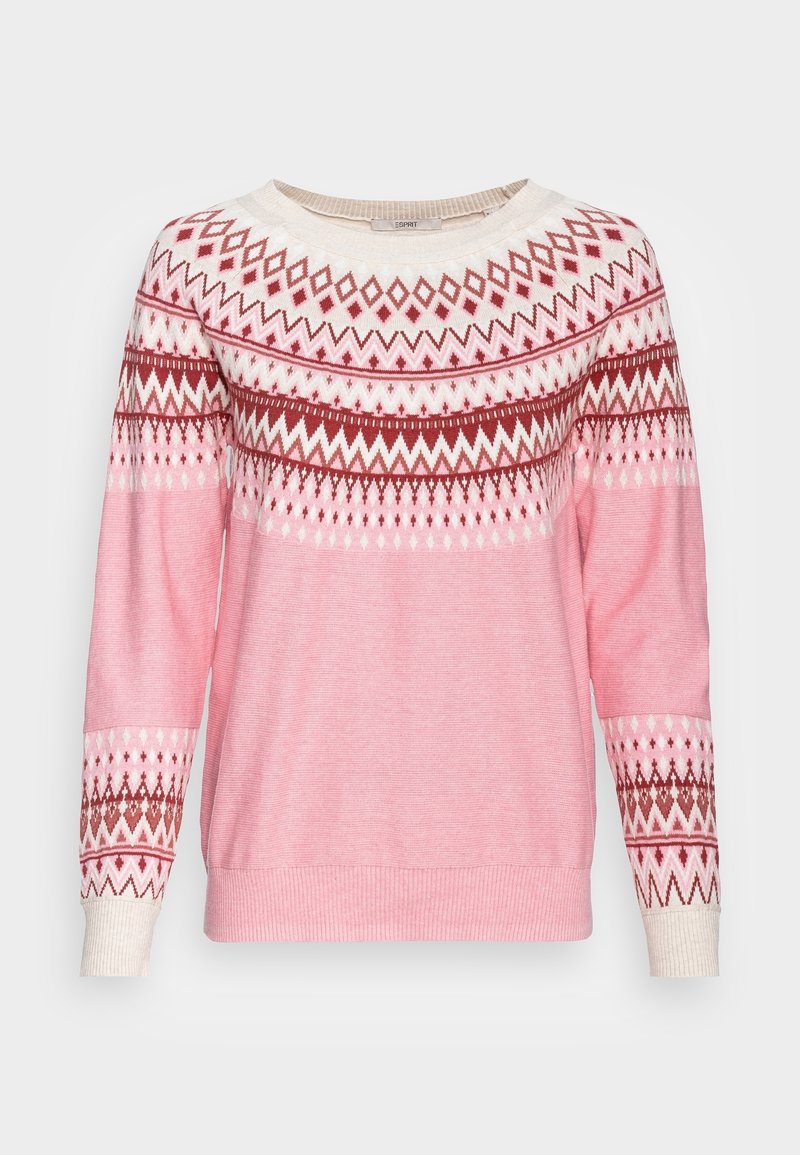 Rosa tröja med ett fair isle-mönster i vitt och vinrött, med en rund halsringning och långa ärmar med texturerade manschetter.