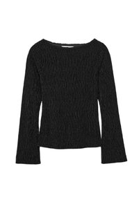 Czarny top z długim rękawem wykonany z teksturowanej tkaniny, o lekko dopasowanym kroju i szerokim, okrągłym dekolcie.