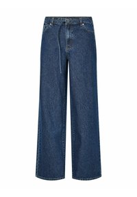 Modré džíny s širokými nohavicemi vyrobené z denimu. Mají vysoký pas, přední kapsy a rovný střih. Výrazné švy podél švů.
