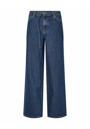 Wijde blauwe spijkerbroek van denim. Voorzien van een hoge taille, voorzakken en een rechte pasvorm. Opvallende stiksels langs de naden.