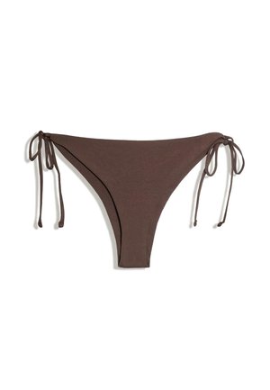 Bas de bikini marron avec liens latéraux ajustables, posé à plat sur un fond blanc.