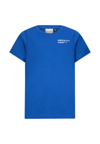 T-shirt di cotone blu con maniche corte. Presenta un collo rotondo e testo bianco sul lato superiore sinistro. Orlo dritto sul fondo.