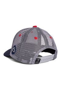 Gray mesh cap with red accents and a navy visor. Features an embroidered logo and an adjustable strap at the back. Textured mesh design.