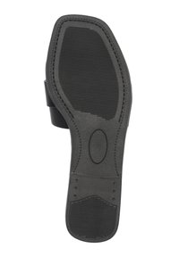 Suola di scarpa in gomma nera con una finitura testurizzata, scanalature orizzontali e motivi circolari per la presa, progettata per la trazione e la durata.