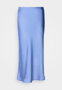 Jupe midi en satin bleu clair avec une taille droite et un léger évasement à l'ourlet, présentée sur un fond blanc uni.