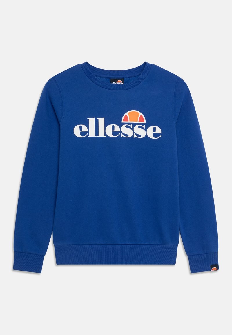 Sweat-shirt bleu à manches longues avec col rond, logo "ellesse" blanc et motif en demi-cercle orange au centre de la poitrine.