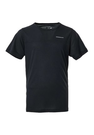 Schwarzes Sport-T-Shirt mit kurzen Ärmeln, Rundhalsausschnitt und kleinem "Swedemount"-Logo auf der oberen linken Brustseite.