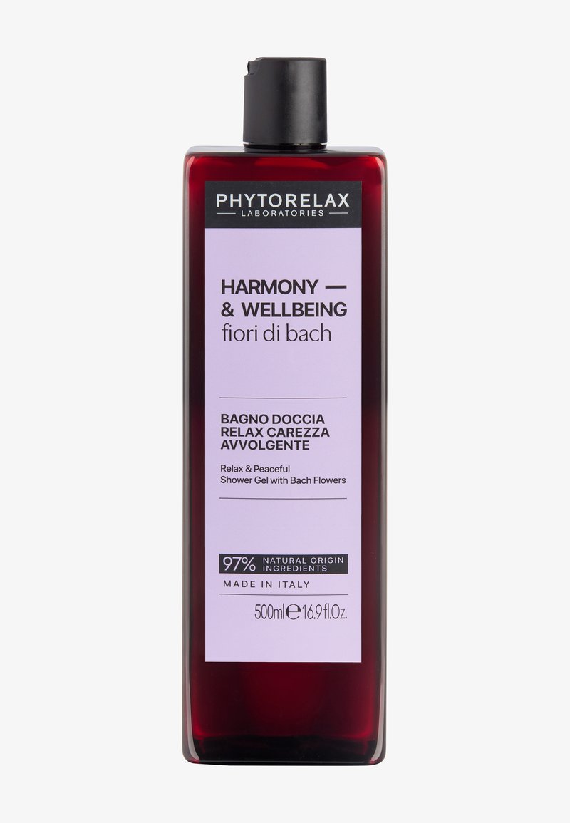 Flacon rouge de gel douche aux fleurs de Bach Phytorelax Harmony & Wellbeing, 500 ml, 97 % d'origine naturelle, fabriqué en Italie.