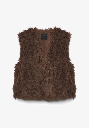 Gilet en fausse fourrure marron avec un col en V profond, sans manches, et une finition douce et texturée. L'intérieur est en tissu lisse avec une étiquette.