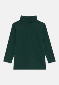 Grünes Langarm-Turtleneck-Oberteil aus einem glatten Stoff. Verfügt über einen hohen Kragen und gerade Nähte und bietet eine figurbetonte Silhouette ohne Verzierungen.
