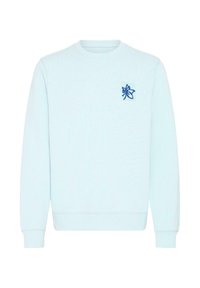 Světlě modrá mikina z měkké látky, s vroubkovanými manžetami a lemem, s malým modrým vyšívaným logem na hrudi.