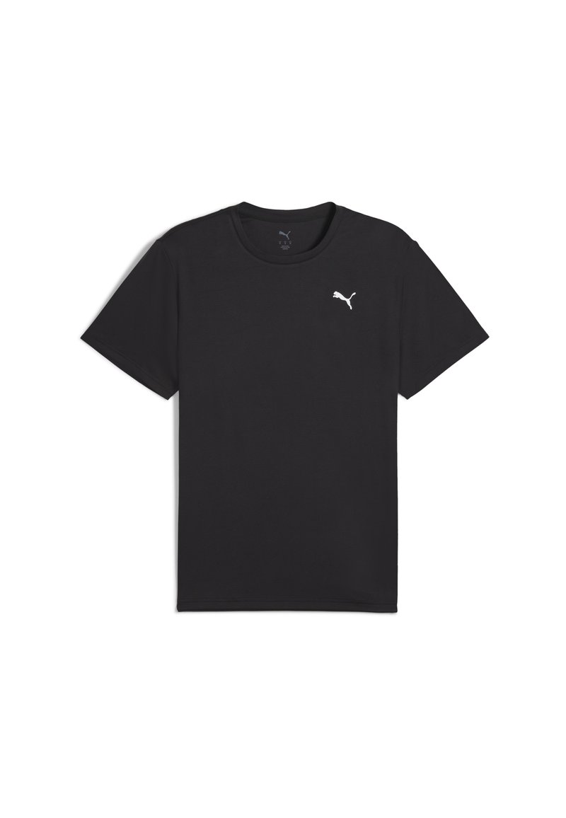Sort t-shirt lavet af bomuld, med rund hals og korte ærmer, prydet med et lille hvidt Puma-logo trykt på venstre bryst.