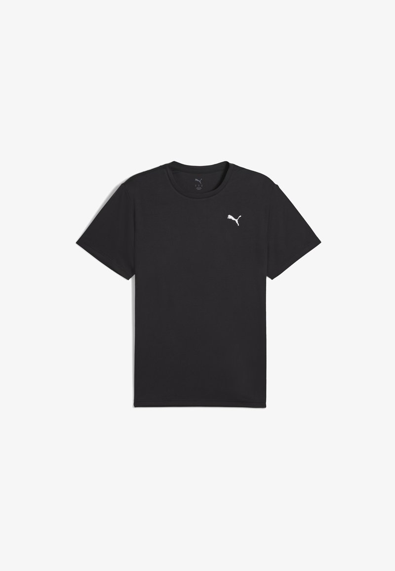 Sort t-shirt lavet af bomuld, med rund hals og korte ærmer, prydet med et lille hvidt Puma-logo trykt på venstre bryst.