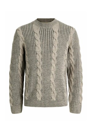 Maglione beige a costine, con texture a treccia, scollo rotondo e maniche lunghe. Presenta un motivo intrecciato prominente lungo la parte anteriore.