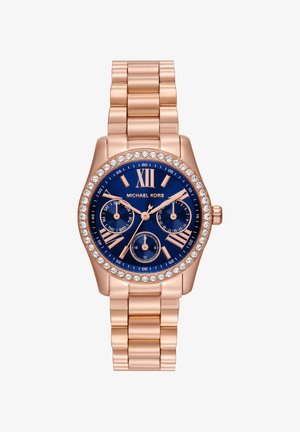 Orologio da polso Michael Kors in oro rosa con quadrante blu, lunetta in cristallo, numeri romani, tre quadranti secondari e bracciale a maglie.
