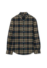 Camicia a bottoni in motivo scozzese verde scuro, con linee bianche, gialle e grigie. Maniche lunghe, colletto, con cinque bottoni sul davanti.