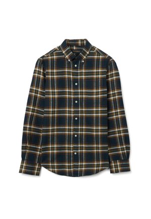 Camicia a bottoni in motivo scozzese verde scuro, con linee bianche, gialle e grigie. Maniche lunghe, colletto, con cinque bottoni sul davanti.