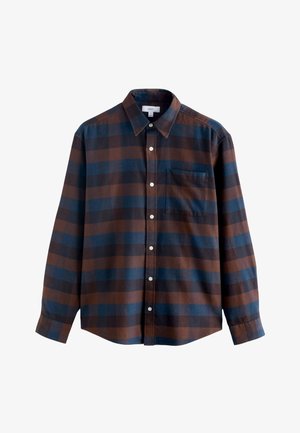 Barna-kék kockás, gombos hosszú ujjú ing, mellzsebbel és lekerekített alsó szegéllyel; puha, szövött anyagból készült.