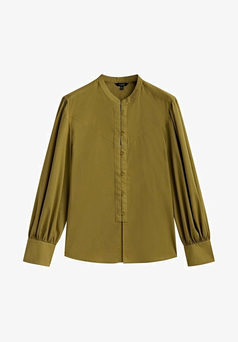 Blouse à manches longues vert olive avec col tunisien, patte de boutonnage à l'avant, manches froncées et larges poignets.