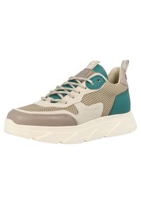 Sneaker beige e teal con materiali in rete e suede, punta arrotondata, suola in gomma a strati, accenti verdi e lacci beige.