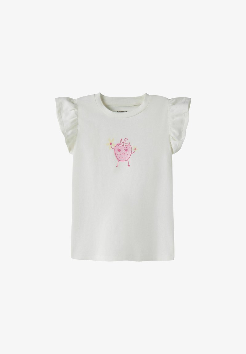 Chemise blanche à manches courtes pour tout-petit avec épaules à volants et une fraise rose souriante tenant des étincelles imprimée sur la poitrine.