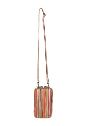 Kleine rechthoekige crossbodytas met verticale meerkleurige strepen in oranje, bruin, roze en beige, met een lange dunne schouderriem en ritsluiting.