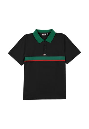 Black polo shirt with a green collar. Features a horizontal green band with a red stripe and white logo in the center. Short sleeves, regular fit.