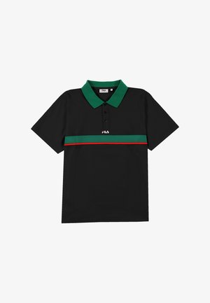 Zwart poloshirt met een groene kraag. Voorzien van een horizontale groene band met een rode streep en een wit logo in het midden. Korte mouwen, normale pasvorm.