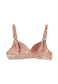 Reggiseno rosa chiaro con dettagli in pizzo lungo l'elastico, coppe in satin lisce, spalline regolabili e chiusura con gancio e occhiello sul retro.