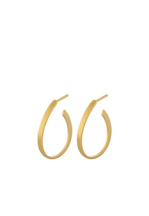 Para smukłych złotych kolczyków kołowych o gładkim, lekko spłaszczonym owalnym kształcie i zapięciach na sztyfty na białym tle.