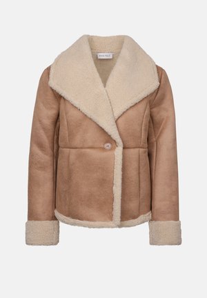 Brown faux shearling jacket featuring a wide cream collar, button closure, and matching cuffs, with a textured, soft finish.