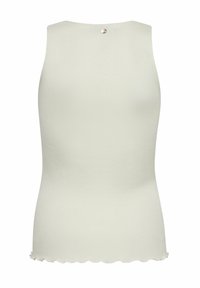 Ribbed sleeveless top in light green with a scalloped hem and a small metallic button detail at the back.