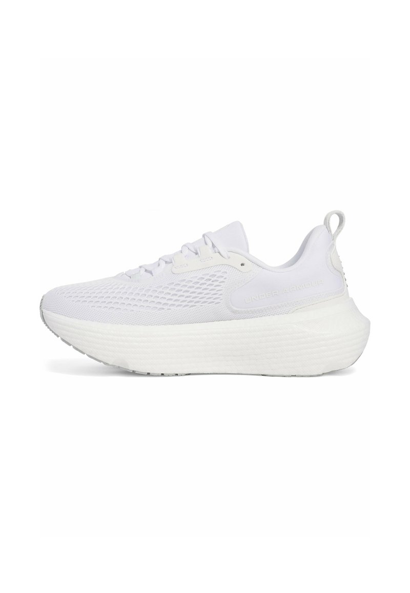 White athletic shoe with a textured mesh upper, padded collar, thick sole, and a pull tab at the heel. Subtle branding on the side.