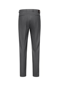 Gray tailored trousers featuring a smooth texture, straight leg design, back pockets, and a belt loop at the waist.