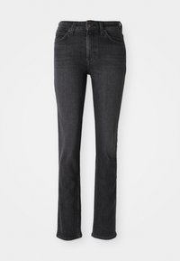 Dark gray denim jeans with a straight-leg cut, five pockets, belt loops, and subtle stitching details. Classic design with a zip and button closure.
