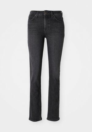 Jean en denim gris foncé avec une coupe droite, cinq poches, passants de ceinture et détails de couture subtils. Design classique avec une fermeture à glissière et un bouton.