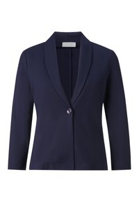 Námořnický modrý blazer s šálovým límcem, zapínáním na jeden knoflík a rukávy do tří čtvrtin. Hladký materiál s upraveným střihem.