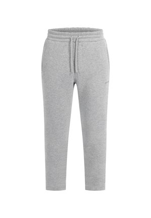 Pantalones de chándal grises hechos de tejido suave, con una cinturilla elástica con cordón, bolsillos laterales y un diseño de pierna ajustada.